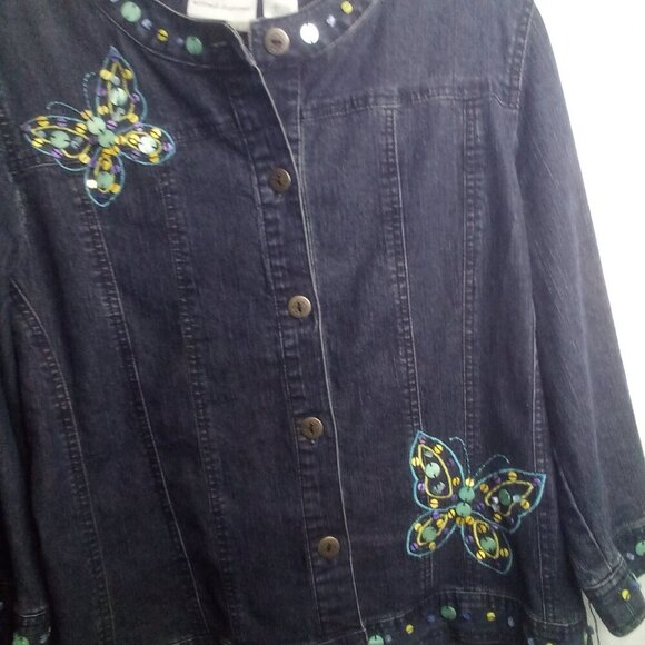 Alfred Dunner Jean Jacket 10P 10 Petite Button Up Butterfly Beading Denim Blue - Picture 8 of 15